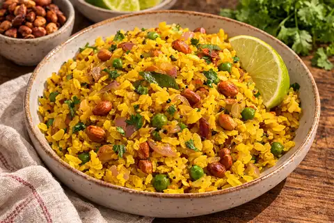 Лёгкий индийский завтрак из рисовых хлопьев с луком, специями, зелёным горошком и хрустящим арахисом.