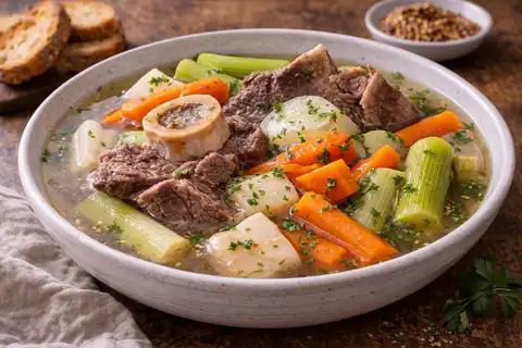 Традиционный французский наваристый суп с говядиной, корнеплодами и прозрачным ароматным бульоном.