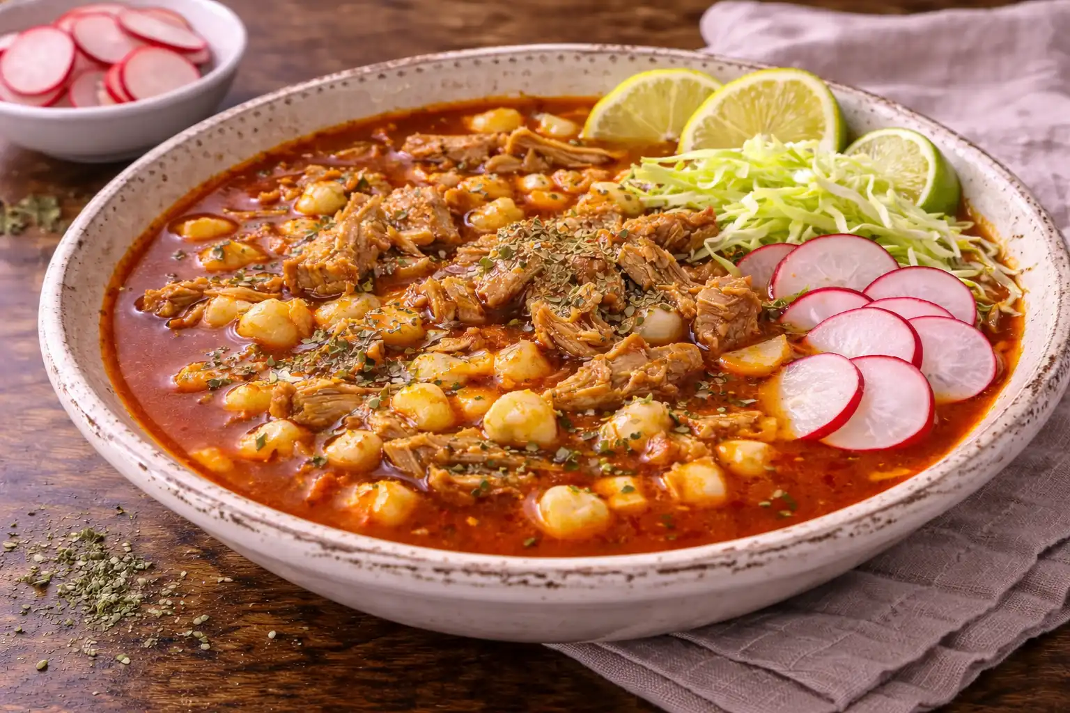 Традиционный мексиканский мясной суп с свининой, кукурузой хомини и насыщенным чили-бульоном.