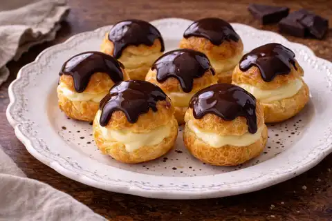 Французские заварные пирожные с нежным ванильным кремом и тонкой шоколадной глазурью.