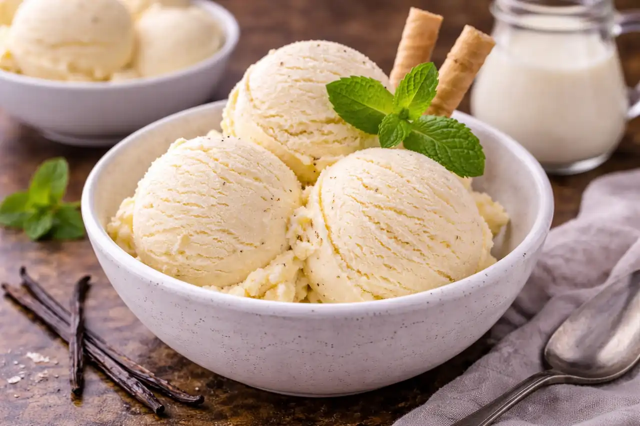 Классическое ванильное мороженое с насыщенной сливочной текстурой и мягкой сладостью.