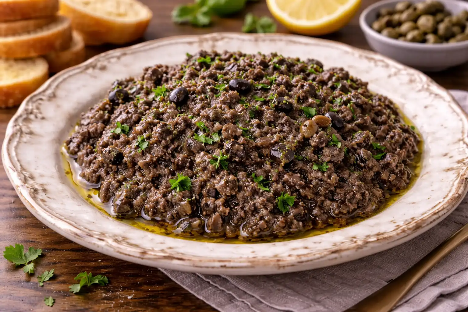 Французская закуска из оливок, каперсов и анчоусов с ярким солоновато-пряным вкусом.