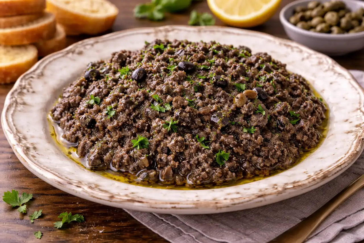 Французская закуска из оливок, каперсов и анчоусов с ярким солоновато-пряным вкусом.