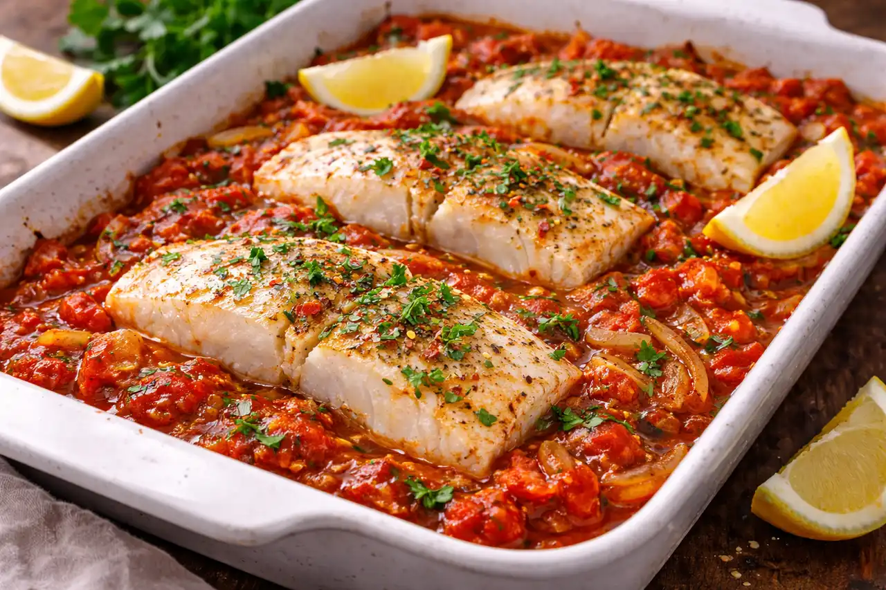 Запечённая белая рыба с томатами, луком, чесноком и оливковым маслом в греческом стиле.