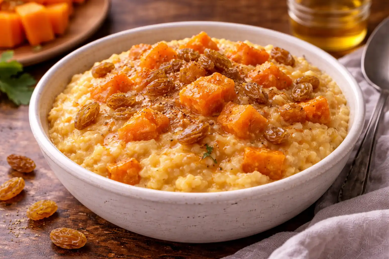 Нежная пшенная каша с тыквой на молоке с мягкой сливочной текстурой и натуральной сладостью.