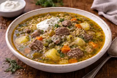 Традиционный русский суп с говядиной, перловкой и солёными огурцами в насыщенном бульоне.