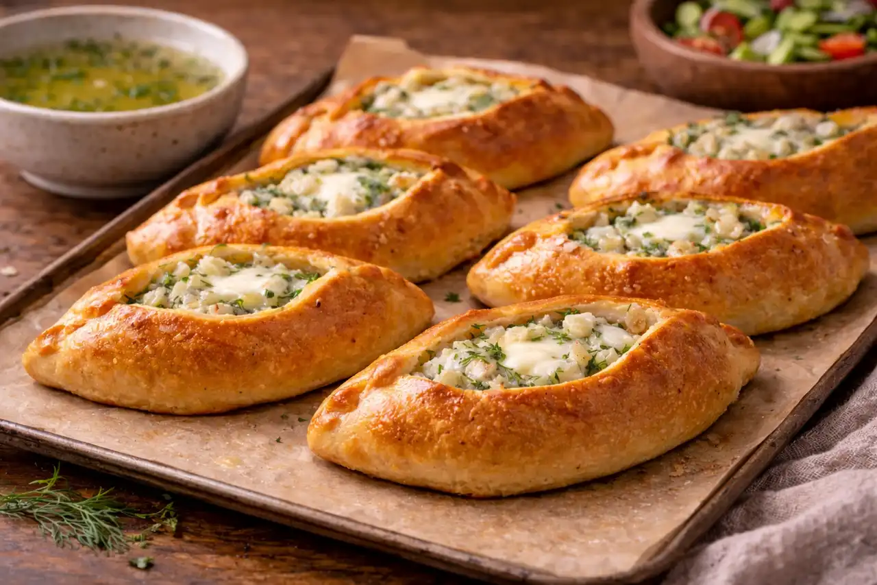 Традиционные русские открытые пирожки с сочной рыбной начинкой, луком и ароматной зеленью.