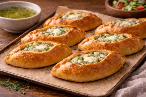 Традиционные русские открытые пирожки с сочной рыбной начинкой, луком и ароматной зеленью.