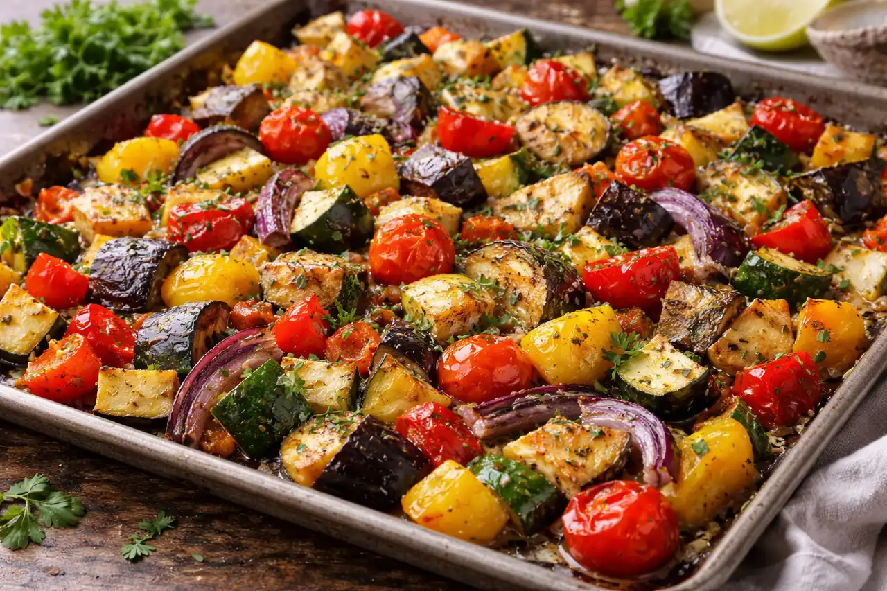 Запечённый рататуй на противне с баклажаном, кабачком и сладким перцем.