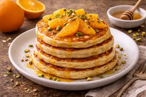 Воздушные панкейки с рикоттой, цитрусовой свежестью апельсина и мягкой медовой сладостью.