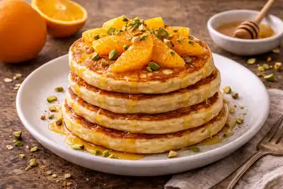 Воздушные панкейки с рикоттой, цитрусовой свежестью апельсина и мягкой медовой сладостью.