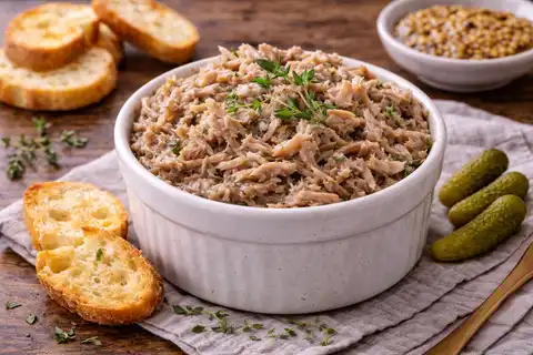 Классическая французская мясная закуска из томлёной утки с нежной волокнистой текстурой.