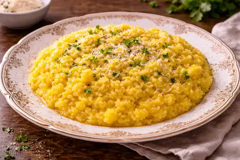 Классическое миланское ризотто с шафраном, сливочной текстурой и насыщенным сырным вкусом.
