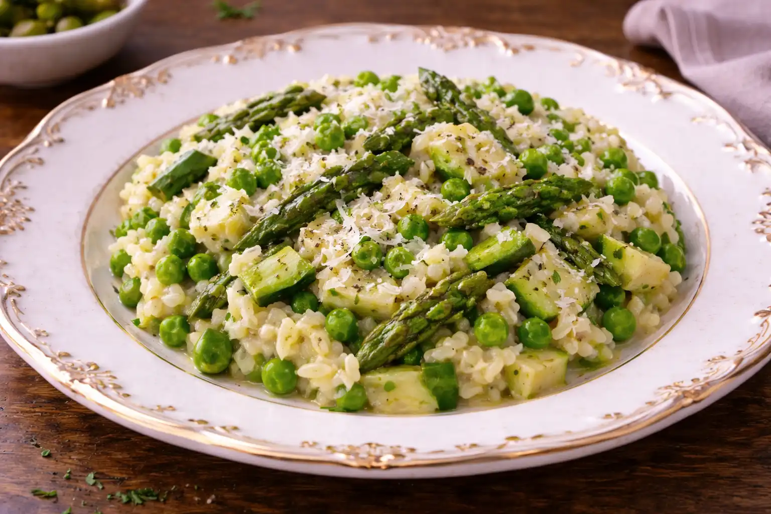 Нежное итальянское ризотто с весенними овощами, пармезаном и лёгким сливочным послевкусием.