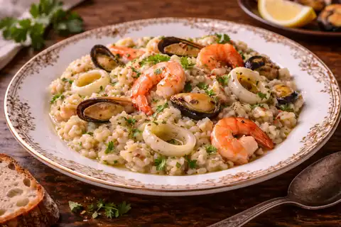 Кремовое итальянское ризотто с креветками, мидиями и кальмарами в насыщенном бульоне.