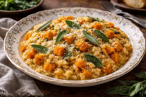 Кремовое ризотто с запечённой тыквой, пармезаном и ароматом свежего шалфея.