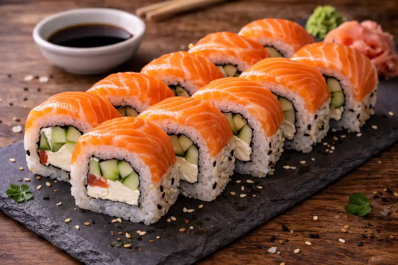 Популярный ролл с нежным лососем, сливочным сыром и свежим огурцом.