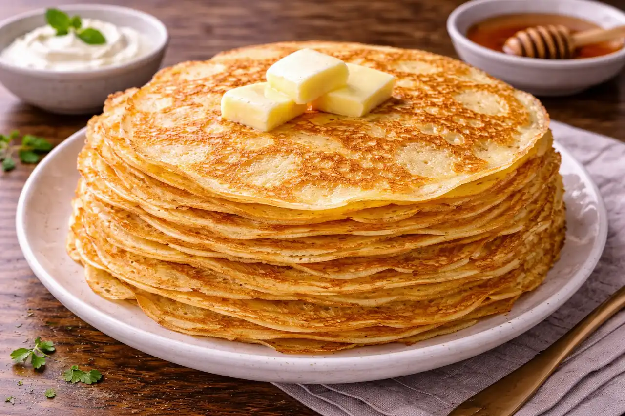 Тонкие русские блины с мягкой эластичной текстурой и нежным сливочным вкусом.