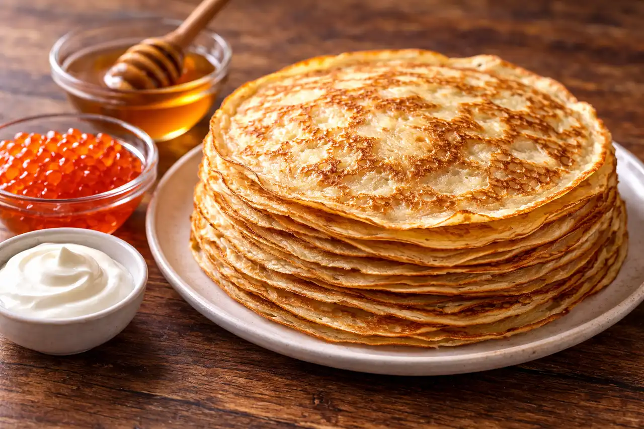 Тонкие русские блины на дрожжевом тесте с мягкой текстурой и румяными краями.