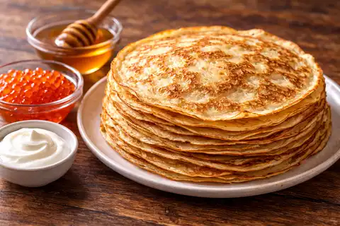 Тонкие русские блины на дрожжевом тесте с мягкой текстурой и румяными краями.