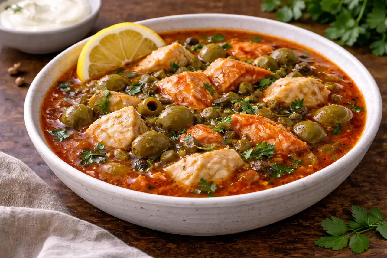 Насыщенный рыбный суп с несколькими видами рыбы, солёными огурцами, оливками и томатной основой.