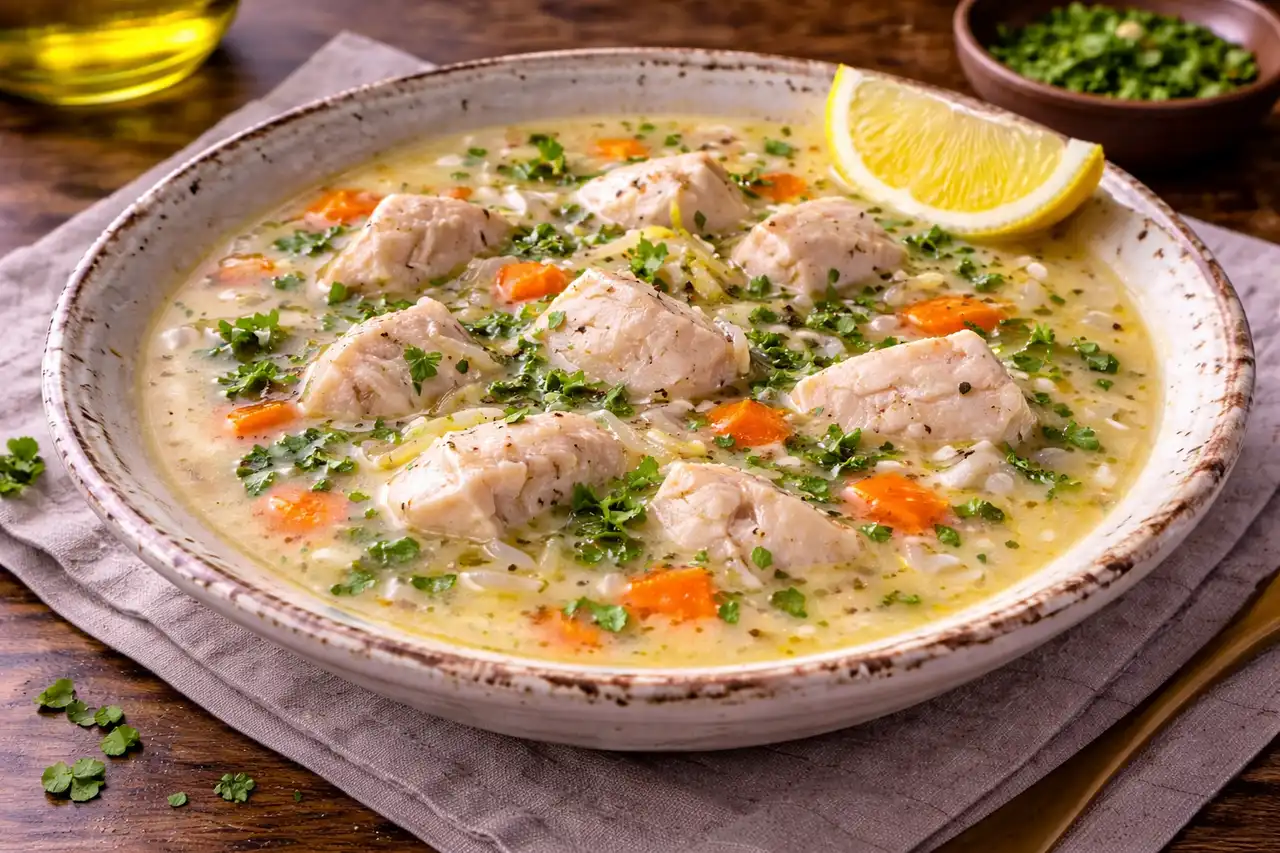 Греческий рыбный суп с рисом и нежной лимонно-яичной заправкой авголемоно.