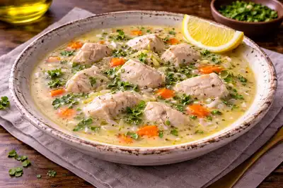 Греческий рыбный суп с рисом и нежной лимонно-яичной заправкой авголемоно.