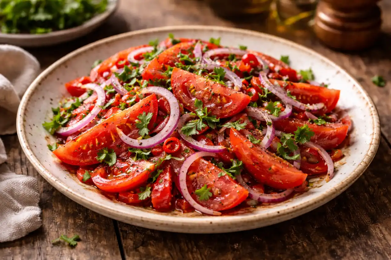 Традиционный узбекский салат из томатов и лука с острой перчинкой и свежей зеленью.