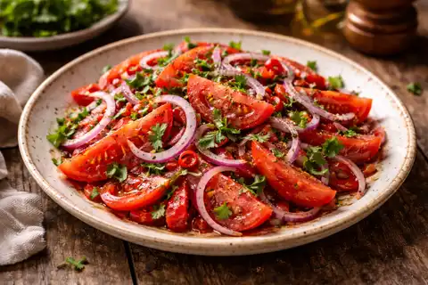 Традиционный узбекский салат из томатов и лука с острой перчинкой и свежей зеленью.