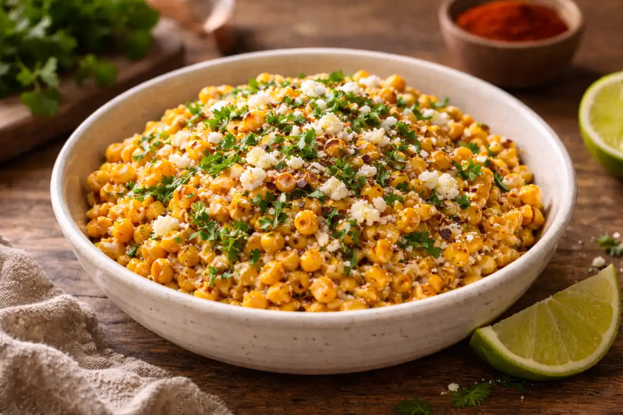 Тёплый мексиканский салат из кукурузы с лаймом, чили, сыром и свежей кинзой.