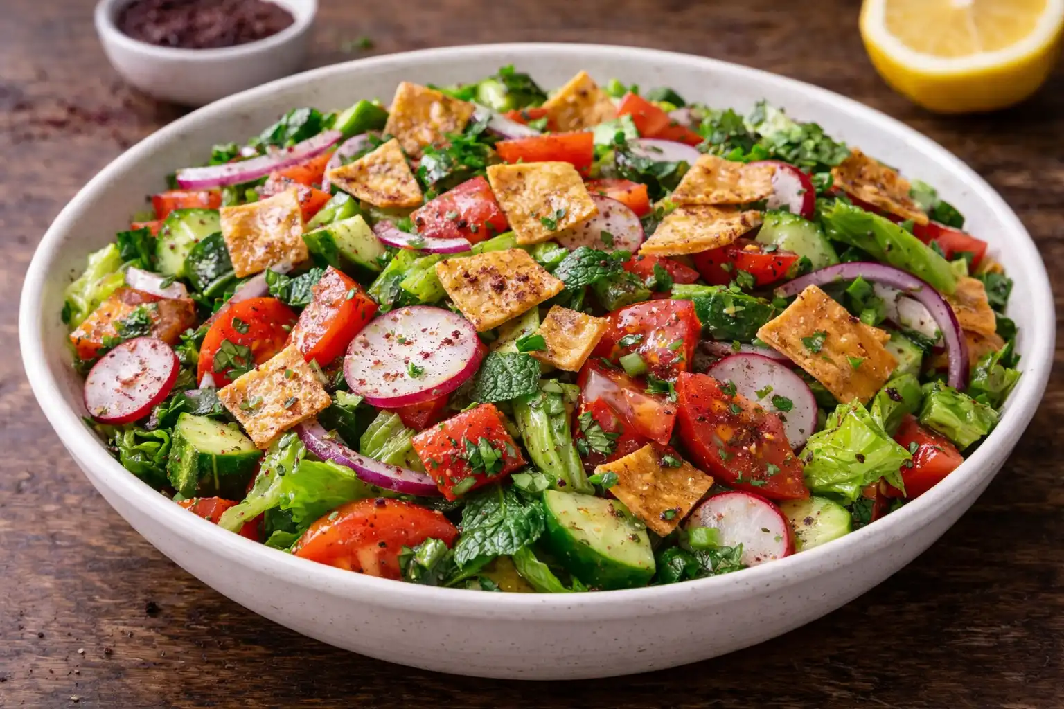 Хрустящий восточный салат из свежих овощей, зелени и поджаренной питы с лимонно-сумаковой заправкой.