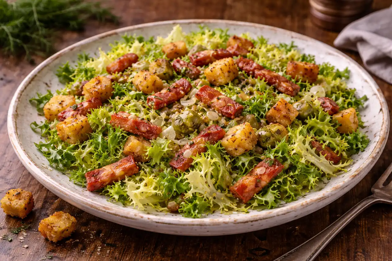 Французский тёплый салат из фризе с лардонами, крутонами и пикантной винегретной заправкой.
