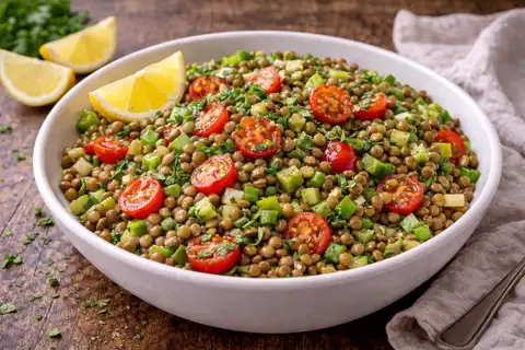 Лёгкий салат из чечевицы с овощами и освежающей лимонной заправкой.