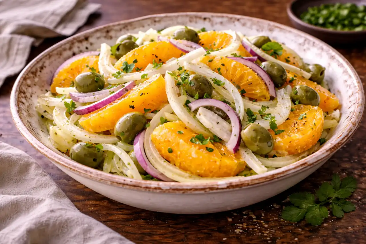 Свежий сицилийский салат с хрустящим фенхелем, сладкими апельсинами и яркой цитрусовой заправкой.