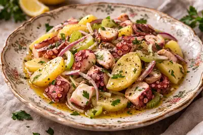 Тёплый итальянский салат с нежным осьминогом, картофелем и яркой лимонно-травяной заправкой.