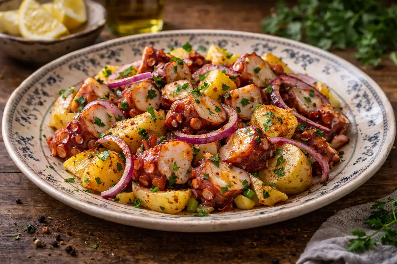 Испанский салат с осьминогом, картофелем, оливковым маслом и копчёной паприкой.