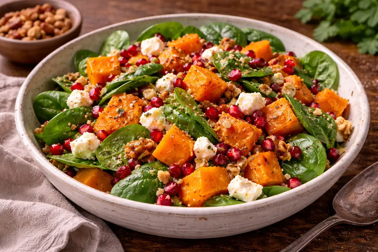 Тёплый салат с запечённой тыквой, солоноватой фетой, зернами граната и медово-горчичной заправкой.