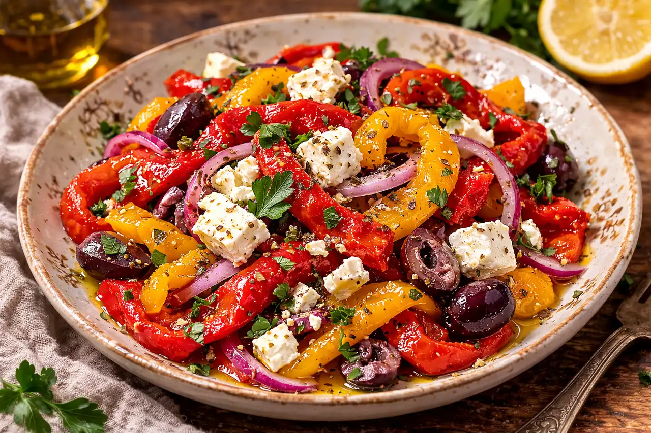 Яркий средиземноморский салат из сладкого запечённого перца, феты, оливок и свежей зелени.