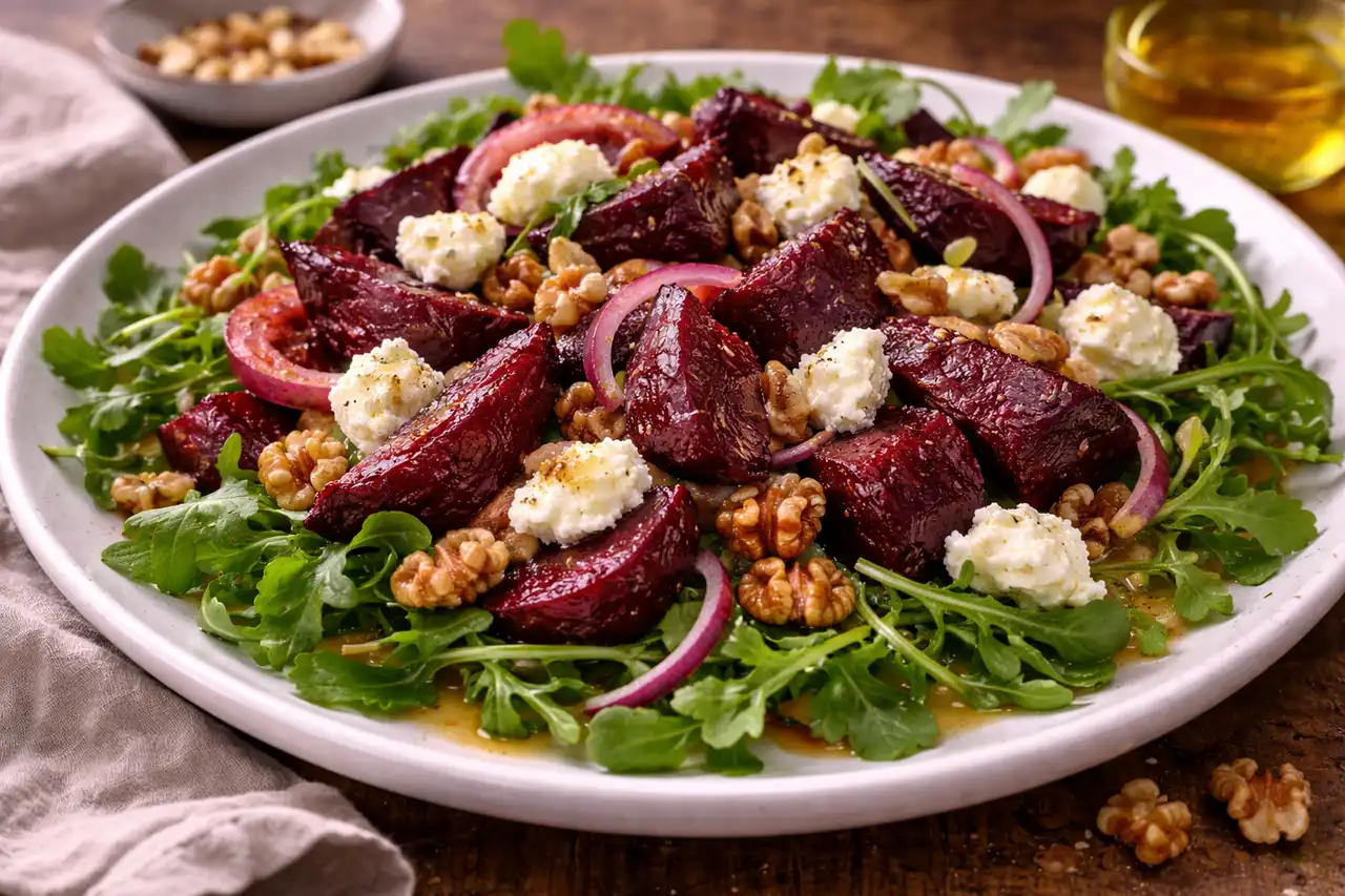 Тёплый салат со свёклой, козьим сыром, орехами и французской горчично-медовой заправкой.