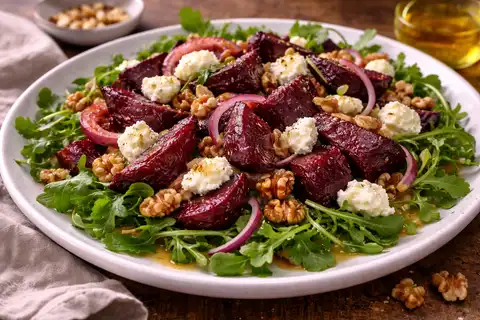 Тёплый салат со свёклой, козьим сыром, орехами и французской горчично-медовой заправкой.
