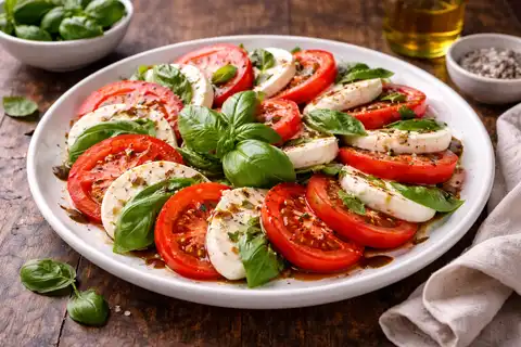 Классический капрезе с помидорами, моцареллой и свежим базиликом.