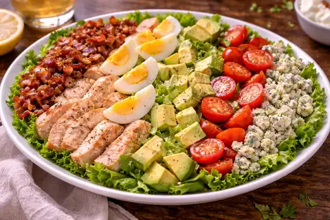 Сытный американский салат с курицей, беконом, яйцом, авокадо и яркой винегретной заправкой.