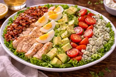 Сытный американский салат с курицей, беконом, яйцом, авокадо и яркой винегретной заправкой.