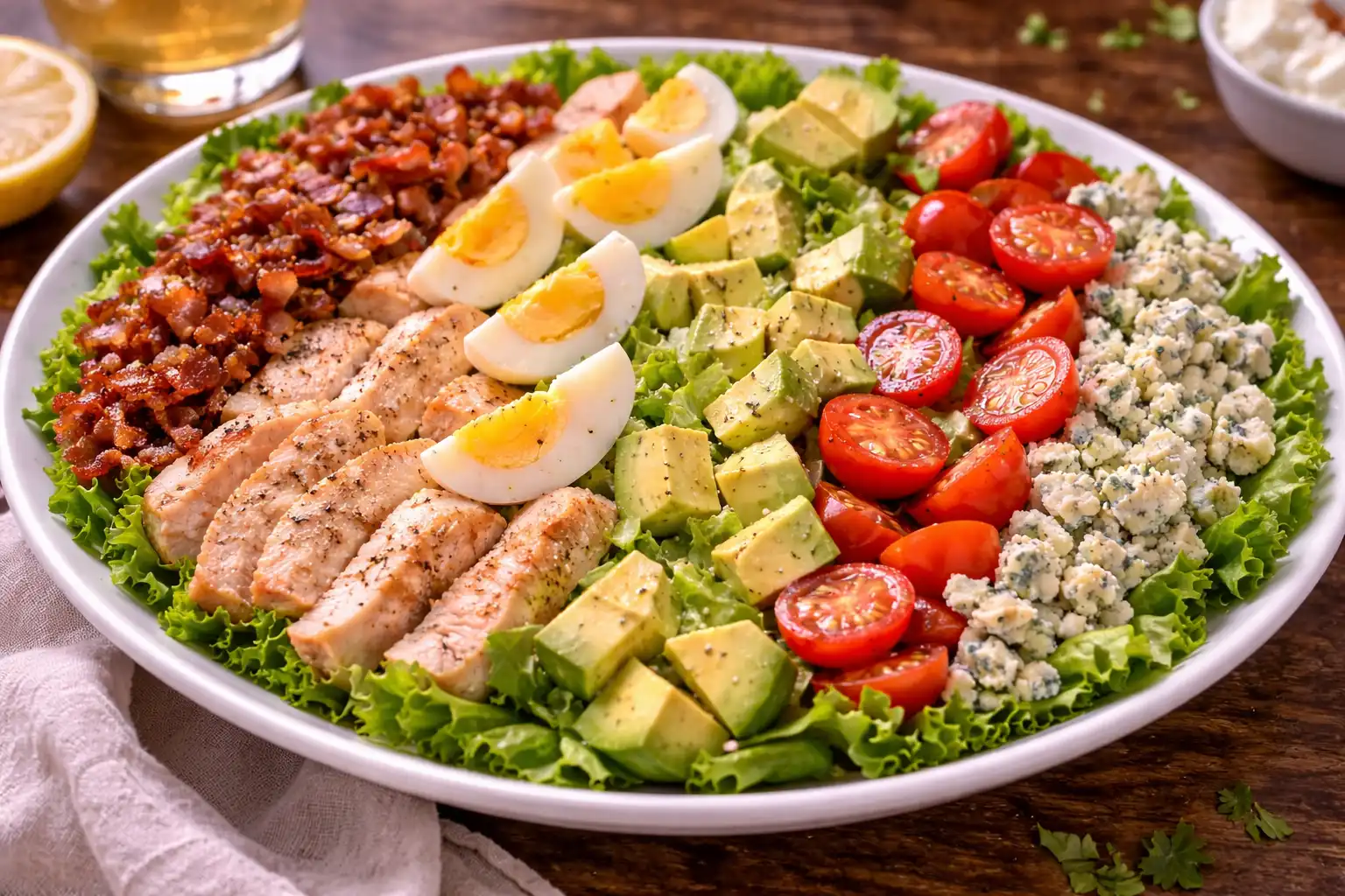 Сытный американский салат с курицей, беконом, яйцом, авокадо и яркой винегретной заправкой.