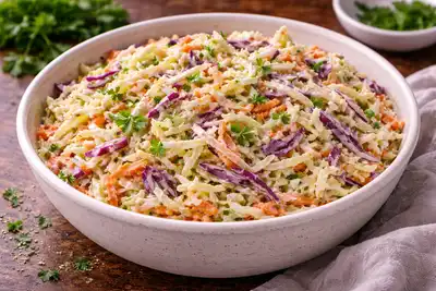 Хрустящий американский салат из капусты и моркови с нежной сливочной заправкой.