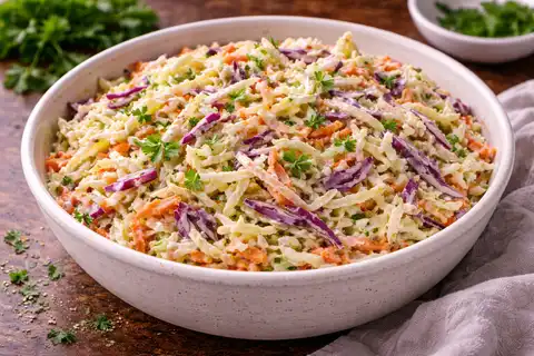 Хрустящий американский салат из капусты и моркови с нежной сливочной заправкой.