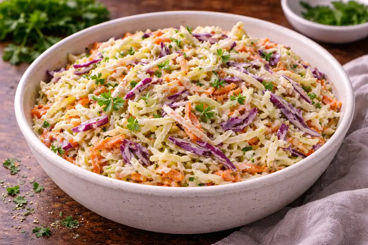 Хрустящий американский салат из капусты и моркови с нежной сливочной заправкой.