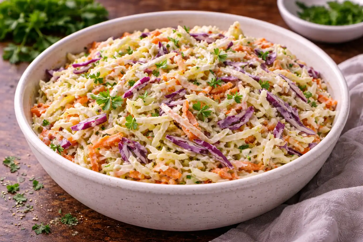 Хрустящий американский салат из капусты и моркови с нежной сливочной заправкой.