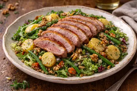 Французский сытный салат с утиной грудкой, тёплым картофелем и горчичным винегретом.