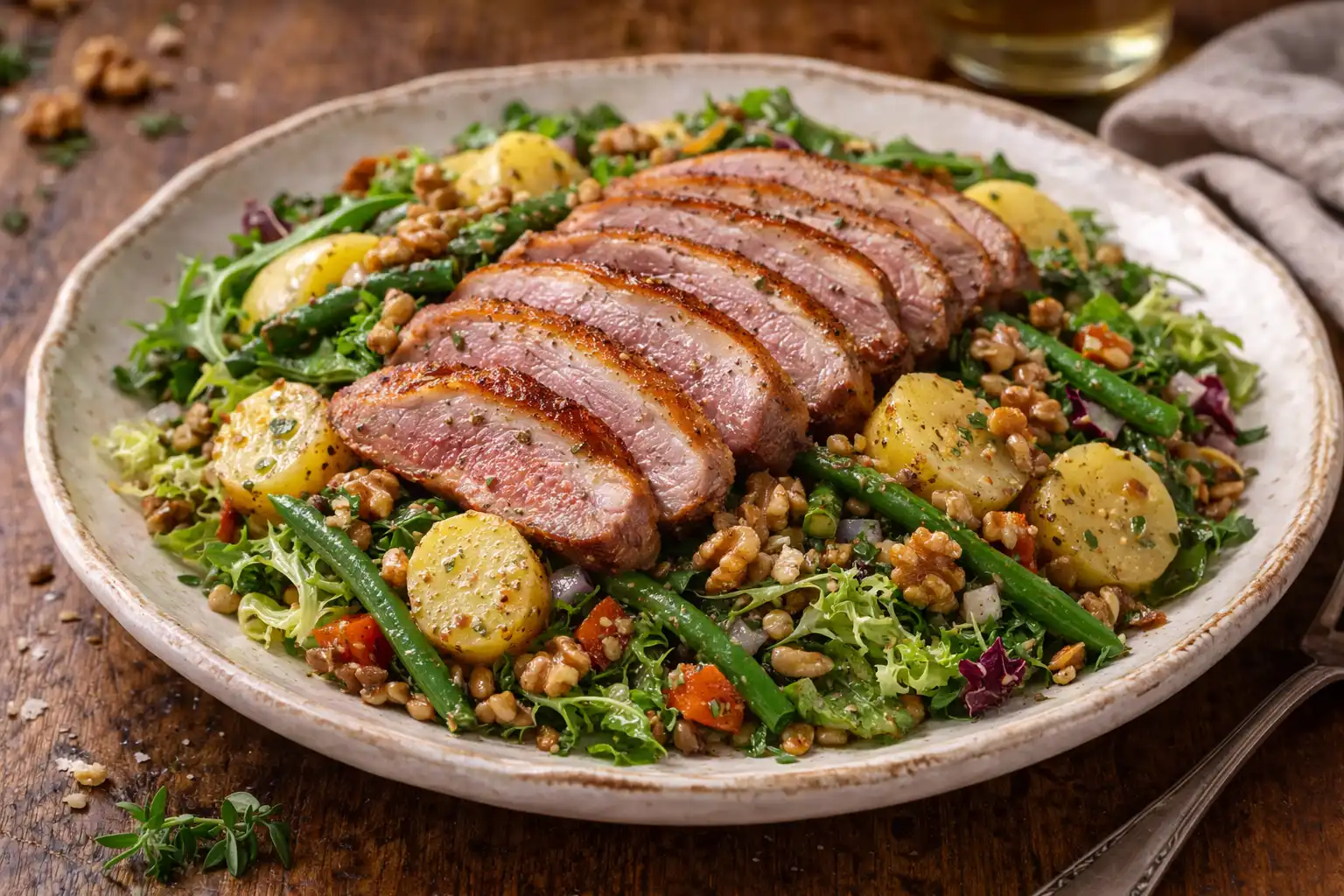 Французский сытный салат с утиной грудкой, тёплым картофелем и горчичным винегретом.